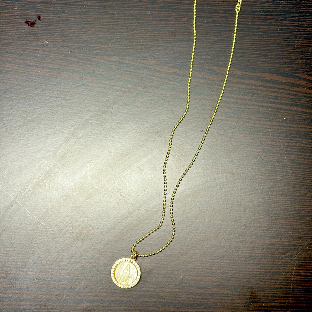 Joy Draveck, mother of pearl and cz Virgin Mary gold fill necklace